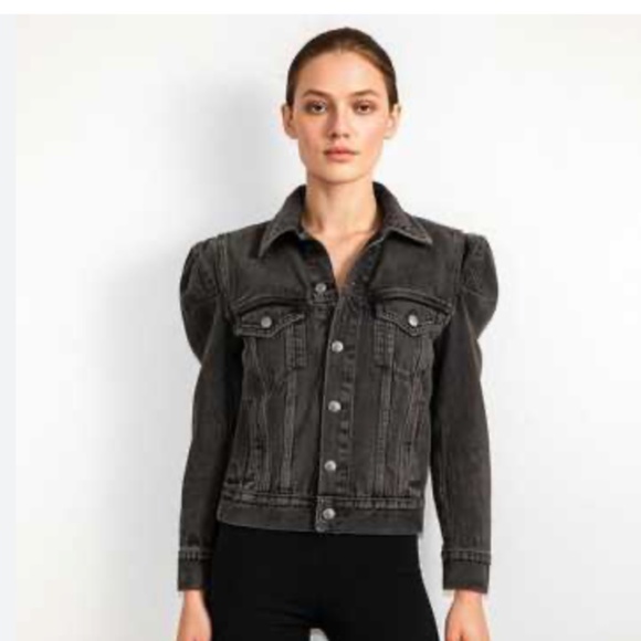 Frame Denim Jackets & Blazers - Frame Rosette Denim Jacket with Puff Sleeves in Ozone Black Size Large $378